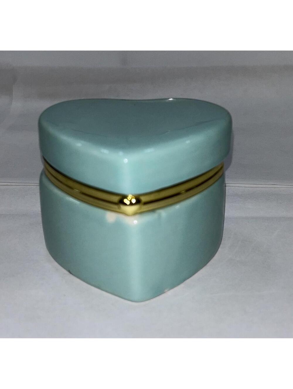 Aqua heart shaped hinged trinket box with gold tone banding